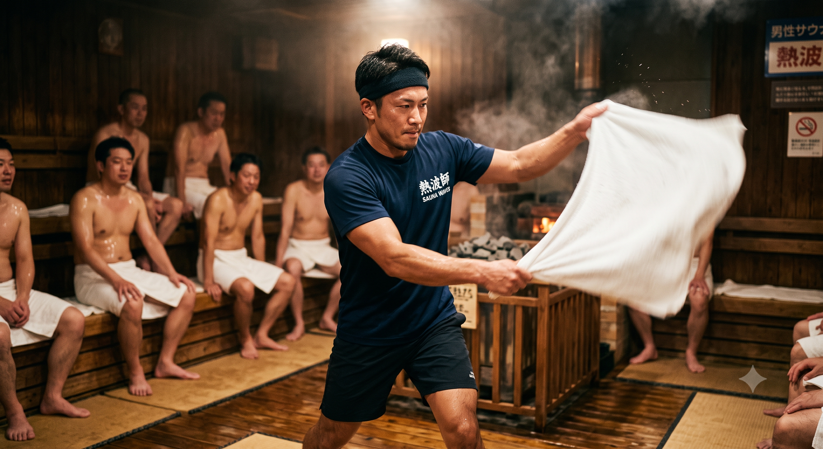 サウナ室で熱波を送る熱波師