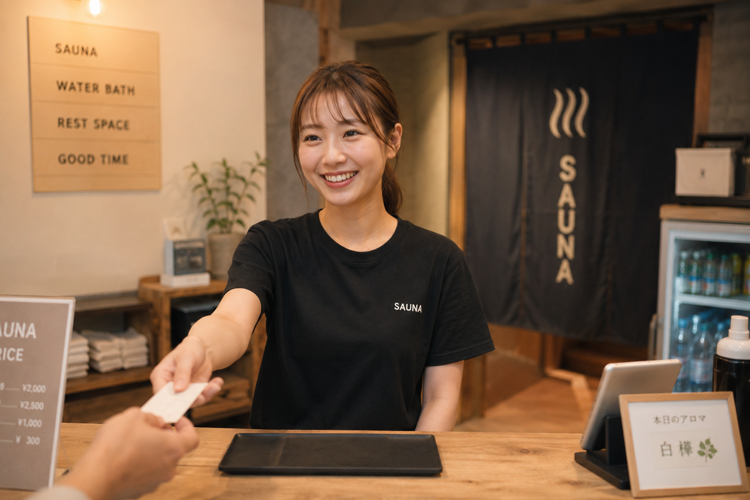 利用者を迎えるサウナ施設スタッフ